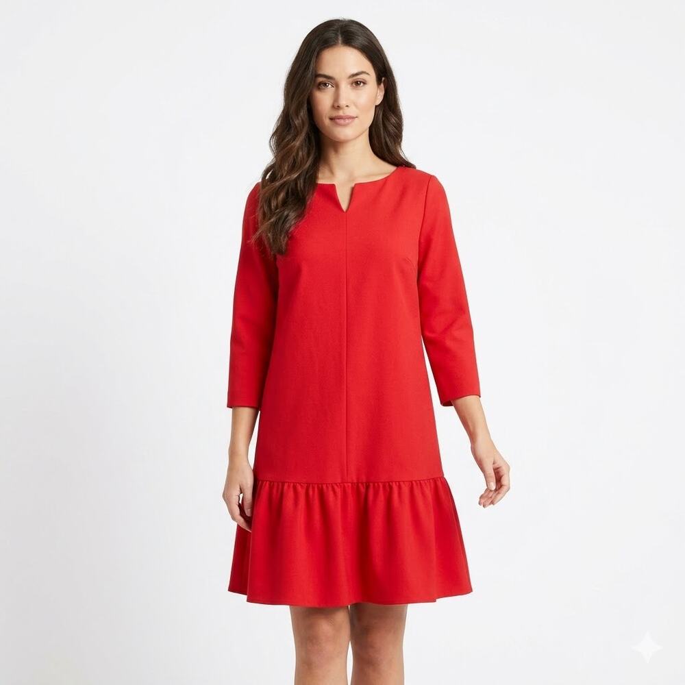 Caroll Red Boat Neck Shift Dress Ruffle Hem Drop Waist 3/4 Sleeves Size 36/ 6